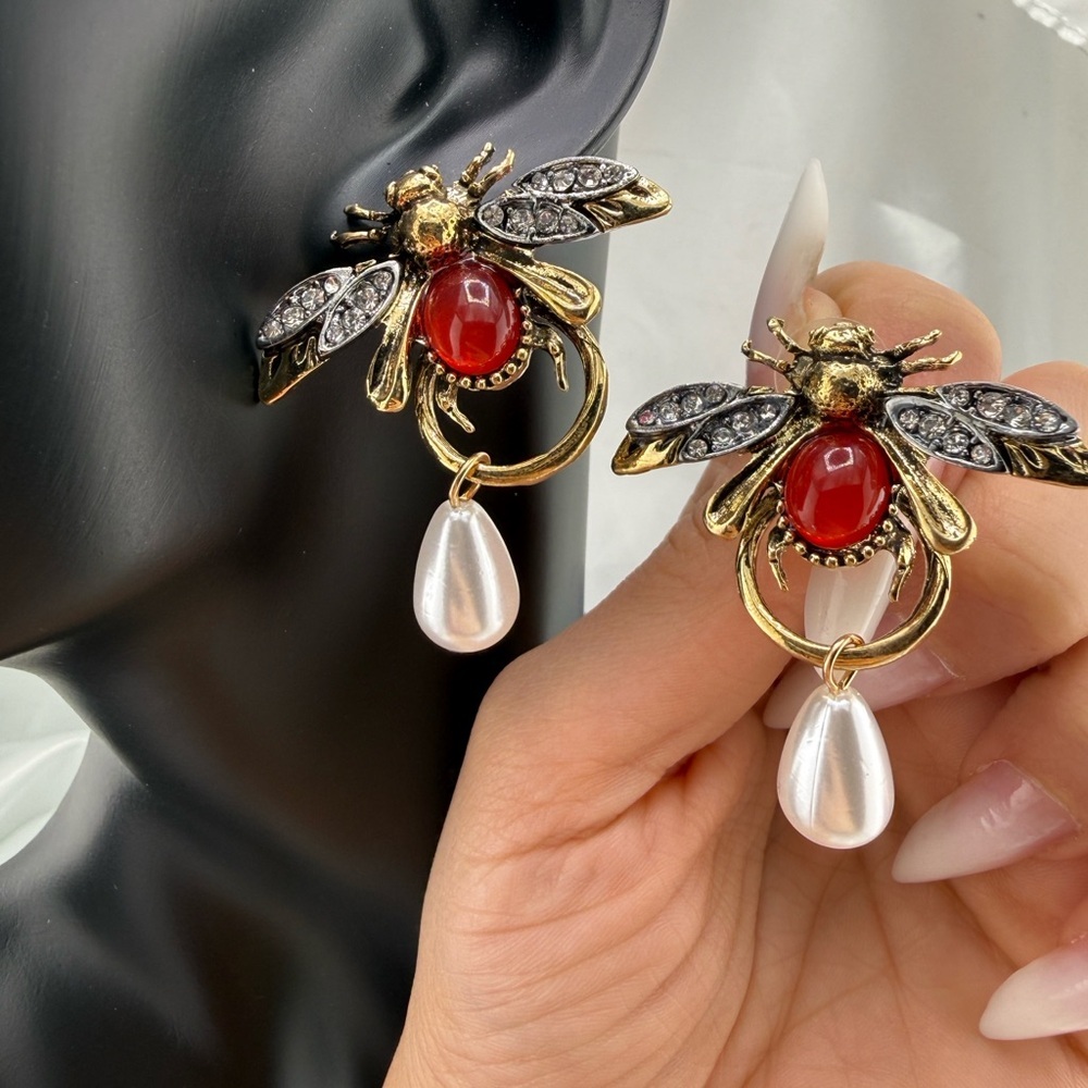 Zara Gold and Red queen Bee Earrings with Pearl Drop